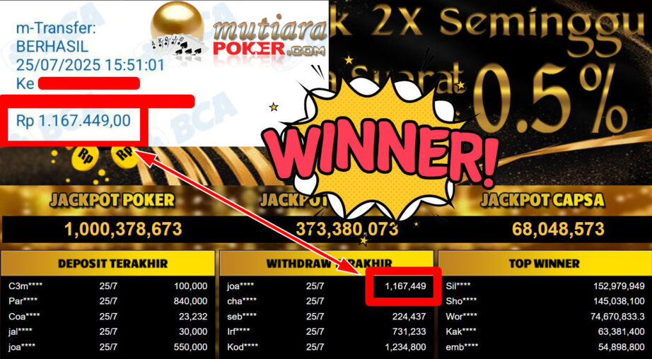 Bukti Withdraw ( 1.167.449,- ) Member Setia MutiaraPoker
