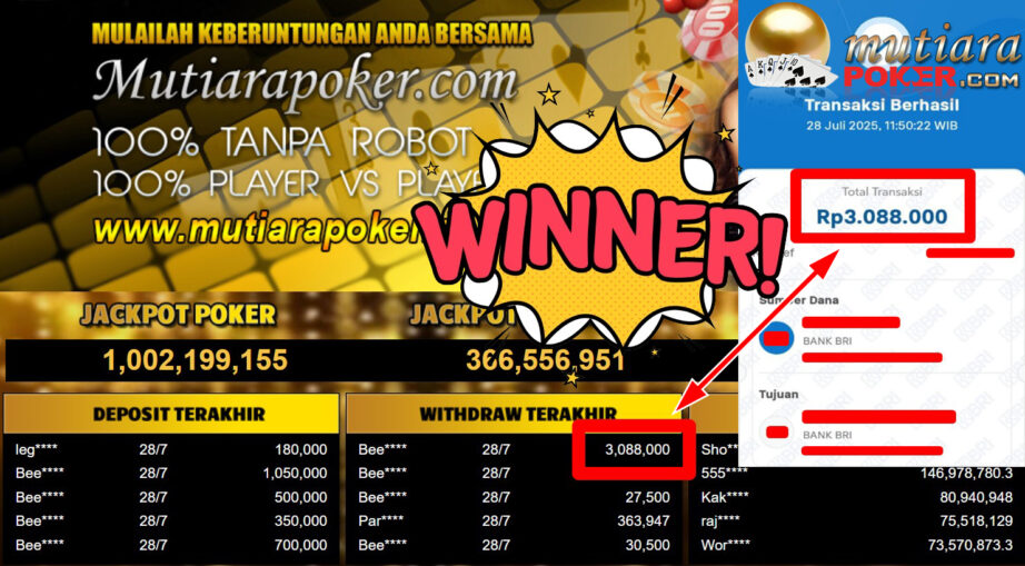 Bukti Withdraw ( 3.088.000,- ) Member Setia MutiaraPoker