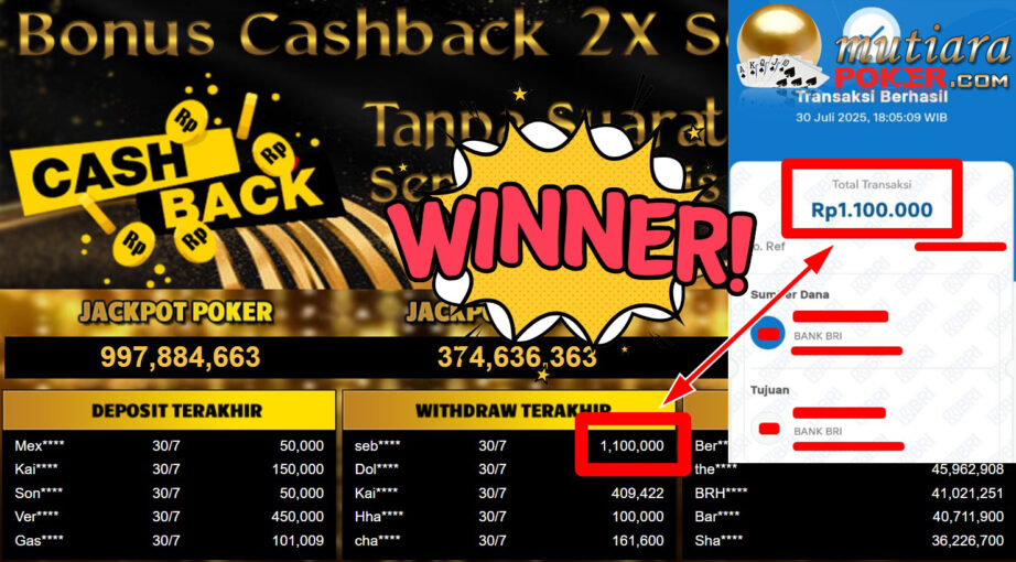 Bukti Withdraw ( 1.100.000,- ) Member Setia MutiaraPoker