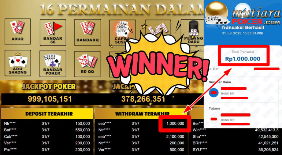 Bukti Withdraw ( 1.000.000,- ) Member Setia MutiaraPoker