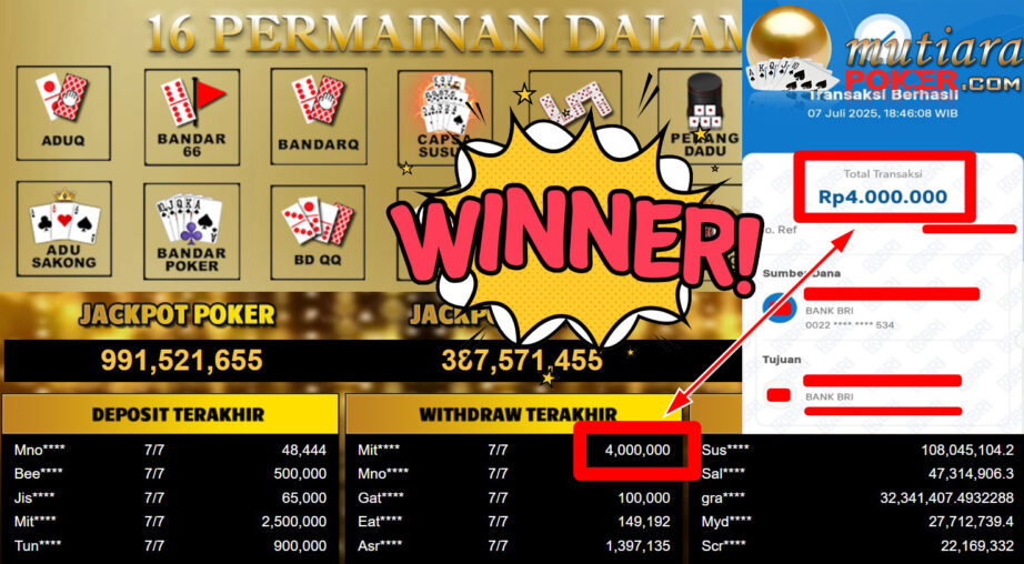 Bukti Withdraw ( 4.000.000,- ) Member Setia MutiaraPoker