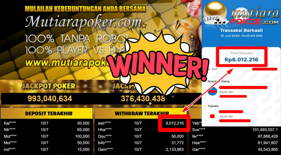 Bukti Withdraw ( 6.012.216,- ) Member Setia MutiaraPoker