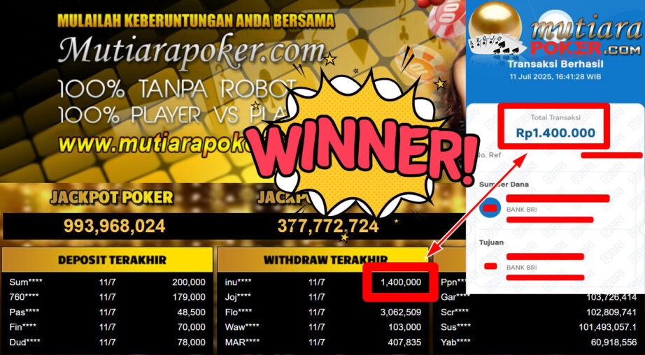 Bukti Withdraw ( 1.400.000,- ) Member Setia MutiaraPoker