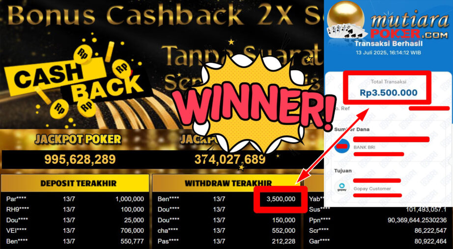 Bukti Withdraw ( 3.500.000,- ) Member Setia MutiaraPoker