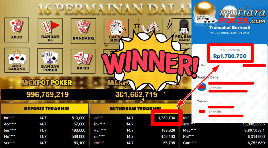 Bukti Withdraw ( 1.780.700,- ) Member Setia MutiaraPoker