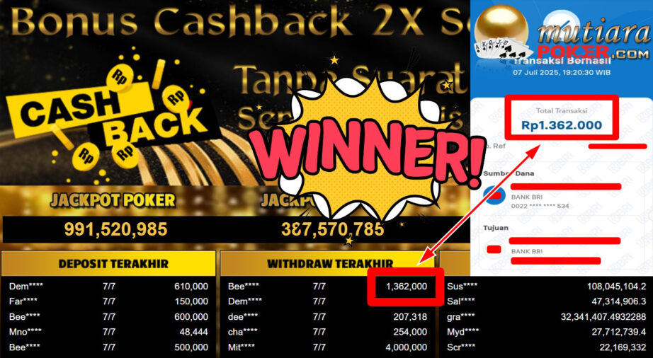 Bukti Withdraw ( 1.362.000,- ) Member Setia MutiaraPoker