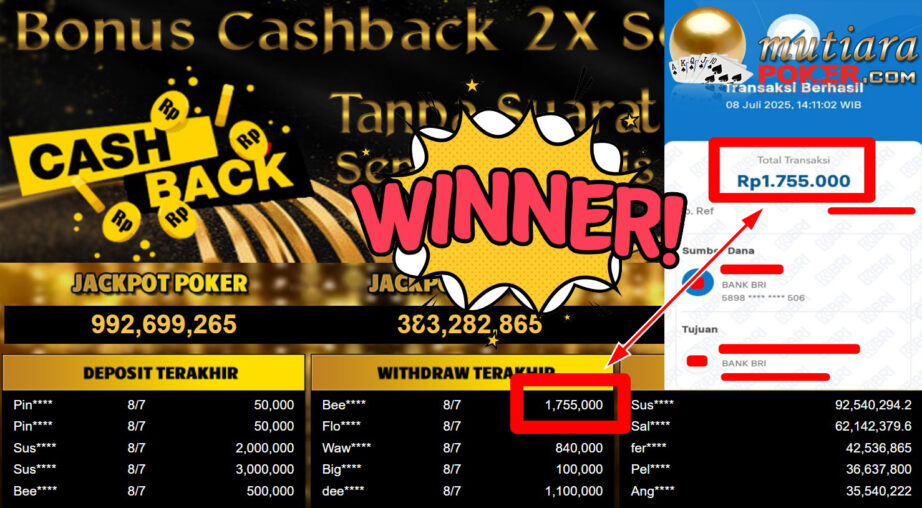 Bukti Withdraw ( 1.755.000,- ) Member Setia MutiaraPoker