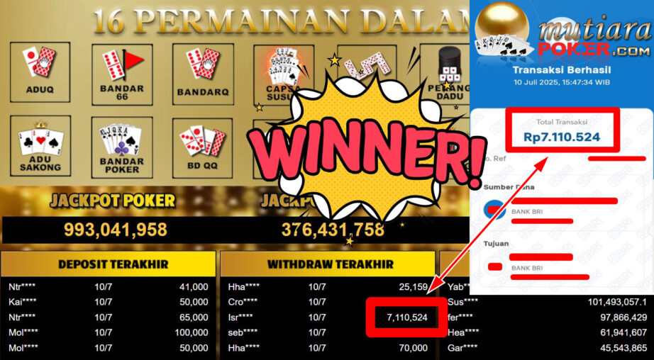 Bukti Withdraw ( 7.110.524,- ) Member Setia MutiaraPoker