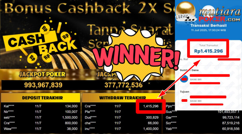Bukti Withdraw ( 1.415.296,- ) Member Setia MutiaraPoker