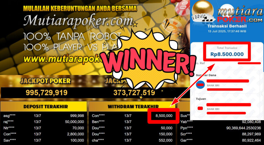 Bukti Withdraw ( 8.500.000,- ) Member Setia MutiaraPoker