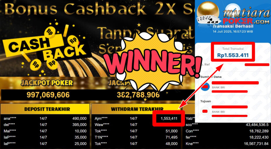Bukti Withdraw ( 1.553.411,- ) Member Setia MutiaraPoker