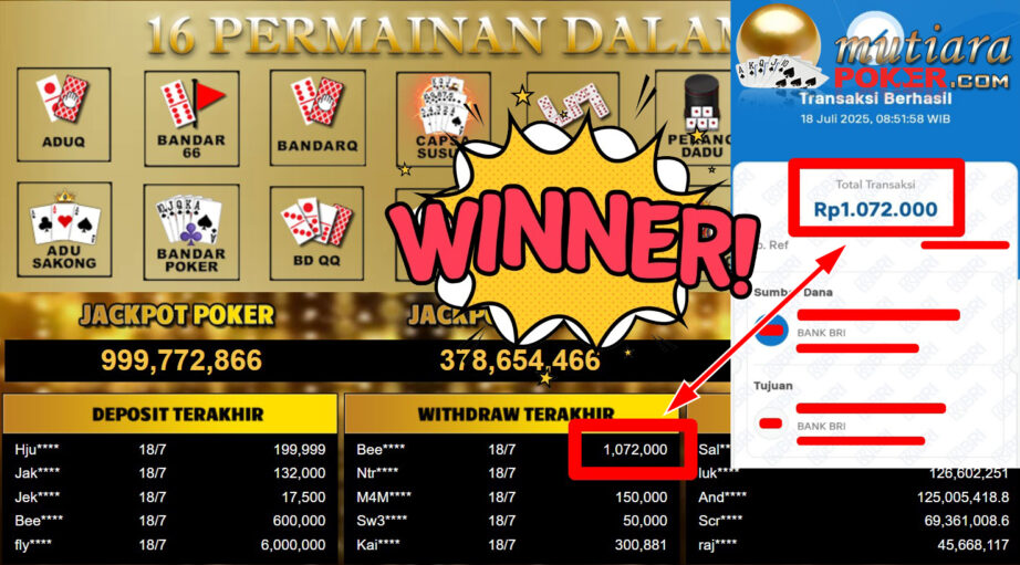 Bukti Withdraw ( 1.072.000,- ) Member Setia MutiaraPoker