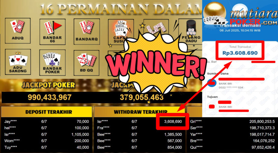 Bukti Withdraw ( 3.608.690,- ) Member Setia MutiaraPoker