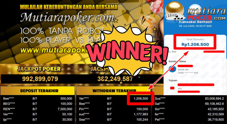 Bukti Withdraw ( 1.206.500,- ) Member Setia MutiaraPoker