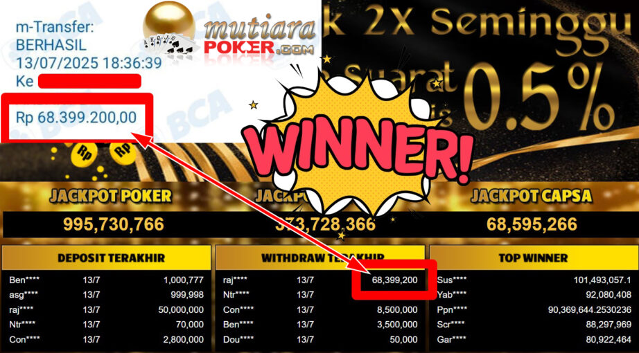 Bukti Withdraw ( 68.399.200,- ) Member Setia MutiaraPoker