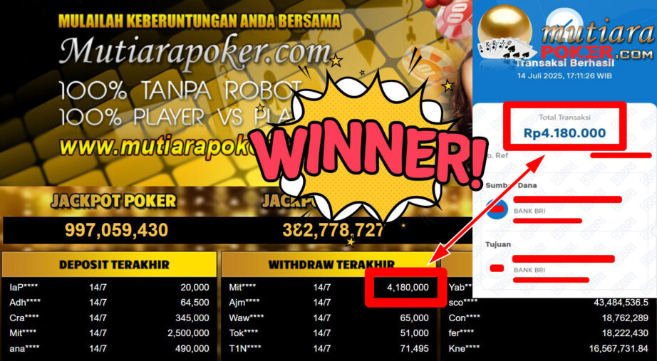 Bukti Withdraw ( 4.180.000,- ) Member Setia MutiaraPoker
