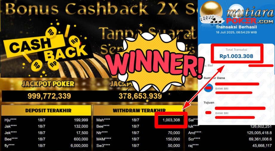 Bukti Withdraw ( 1.003.308,- ) Member Setia MutiaraPoker