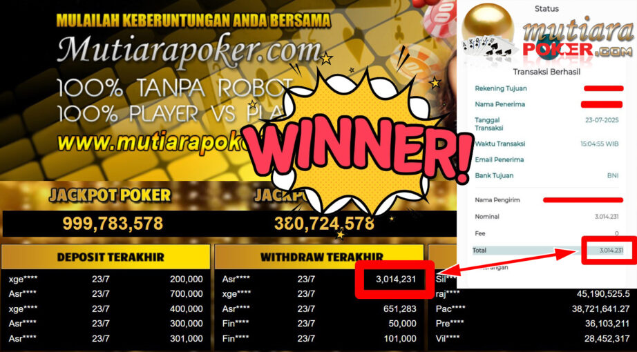 Bukti Withdraw ( 3.014.231,- ) Member Setia MutiaraPoker