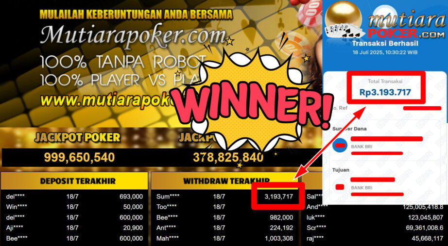 Bukti Withdraw ( 3.193.717,- ) Member Setia MutiaraPoker