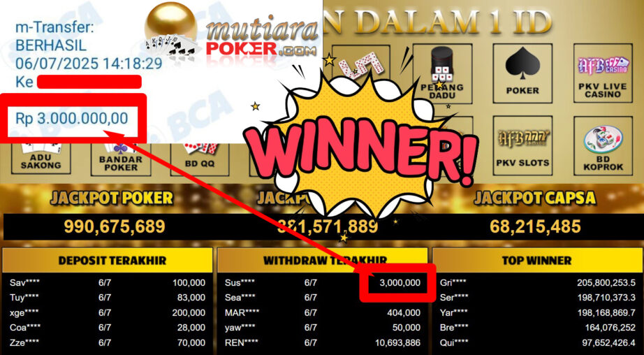 Bukti Withdraw ( 3.000.000,- ) Member Setia MutiaraPoker