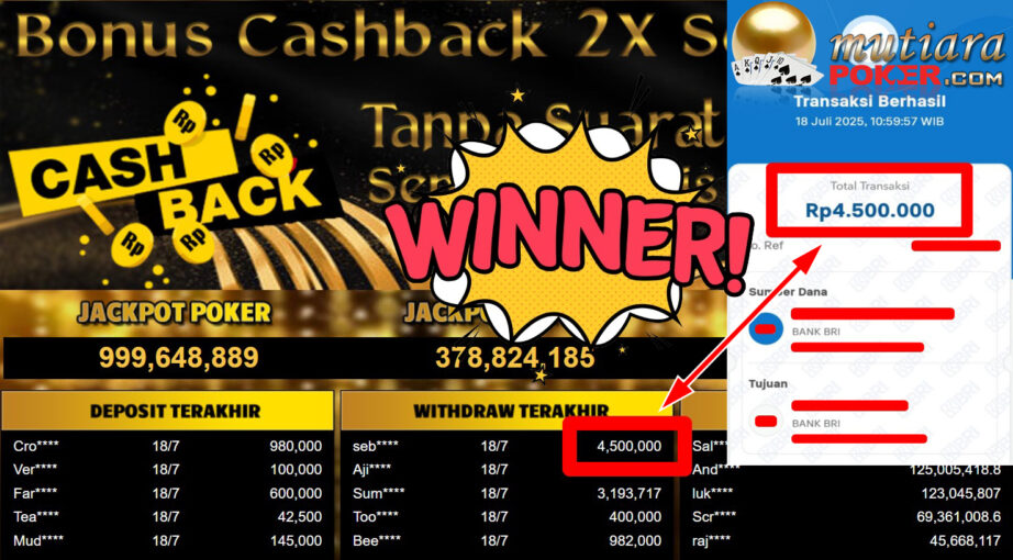 Bukti Withdraw ( 4.500.000,- ) Member Setia MutiaraPoker