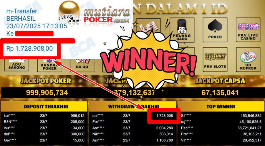 Bukti Withdraw ( 1.728.908,- ) Member Setia MutiaraPoker