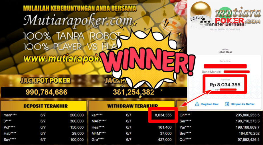 Bukti Withdraw ( 8.034.355,- ) Member Setia MutiaraPoker