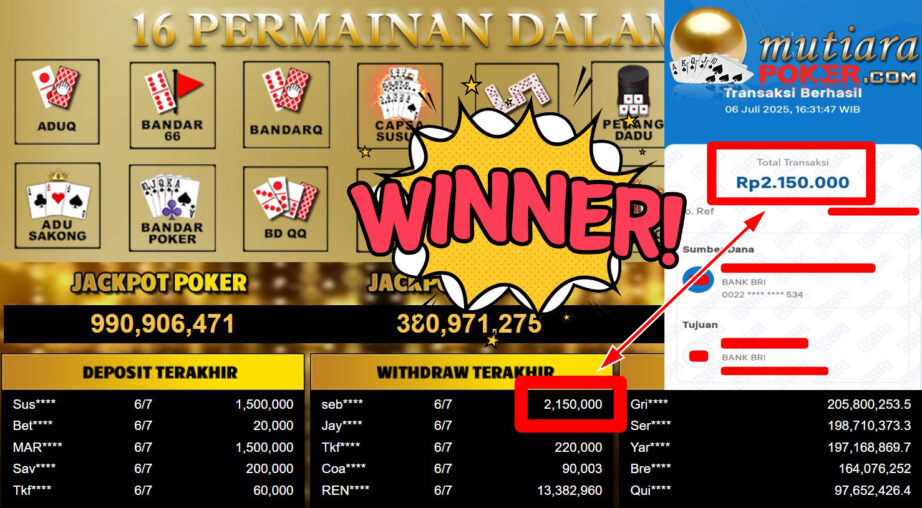 Bukti Withdraw ( 2.150.000,- ) Member Setia MutiaraPoker