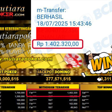 Bukti Withdraw ( 1,402,320,- ) Member Setia MutiaraPoker