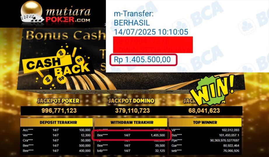 Bukti Withdraw ( 1.405.500,- ) Member Setia MutiaraPoker