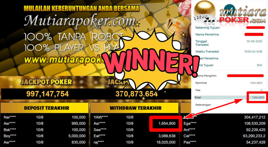 Bukti Withdraw ( 1.654.800,- ) Member Setia MutiaraPoker