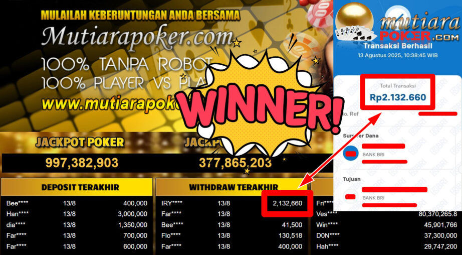 Bukti Withdraw ( 2.132.660,- ) Member Setia MutiaraPoker