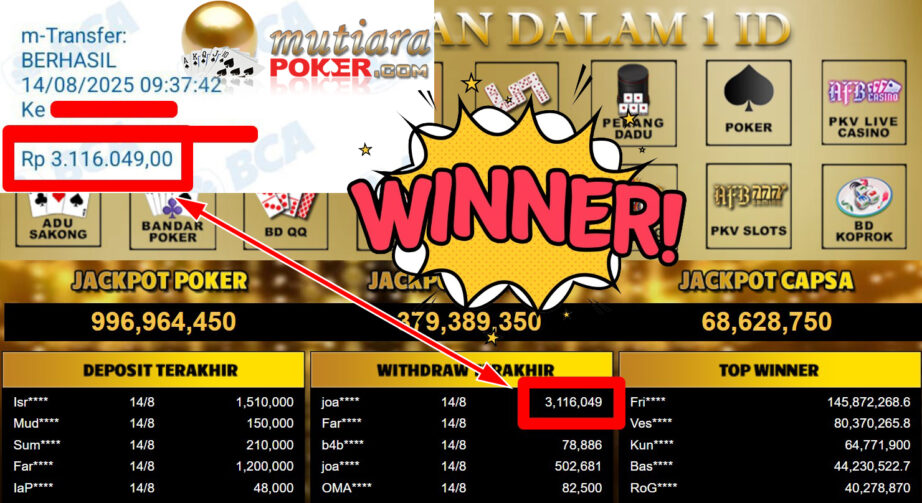Bukti Withdraw ( 3.116.049,- ) Member Setia MutiaraPoker