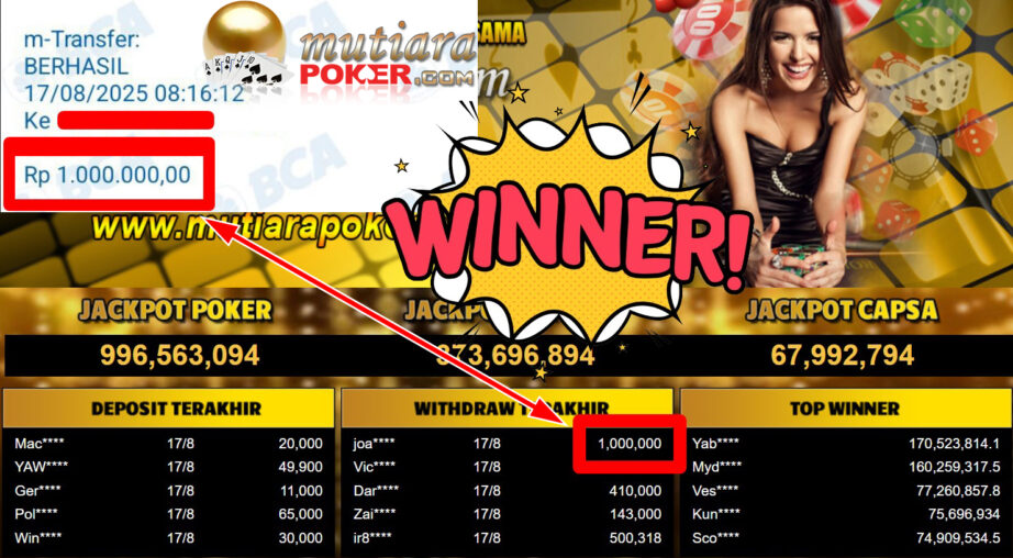 Bukti Withdraw ( 1.000.000,- ) Member Setia MutiaraPoker
