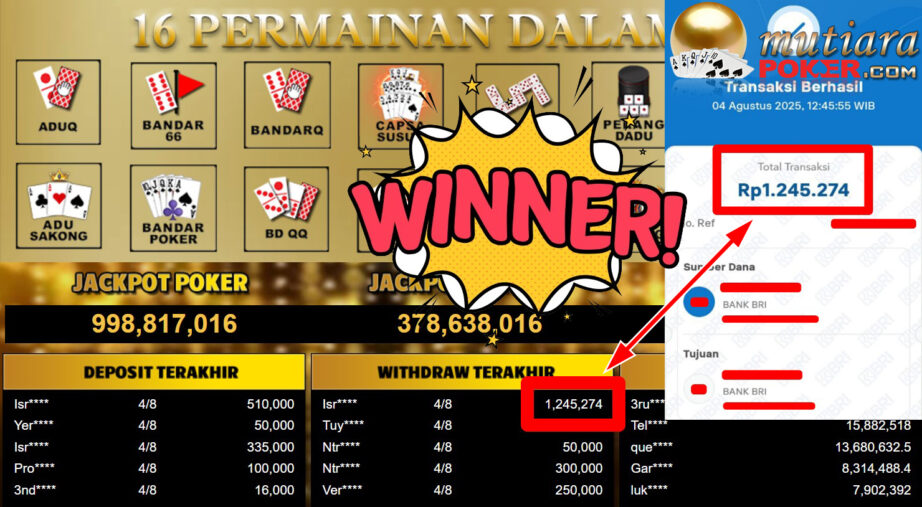Bukti Withdraw ( 1.245.274,- ) Member Setia MutiaraPoker