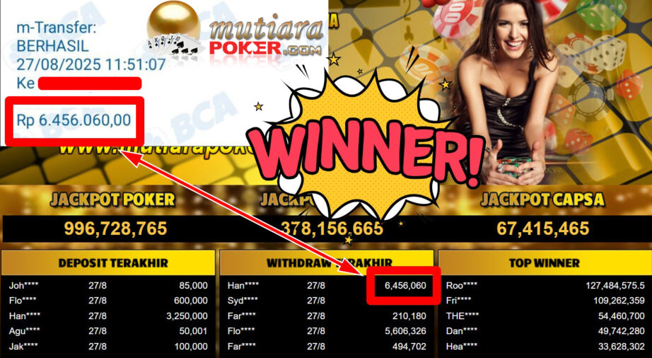Bukti Withdraw ( 6.456.060,- ) Member Setia MutiaraPoker