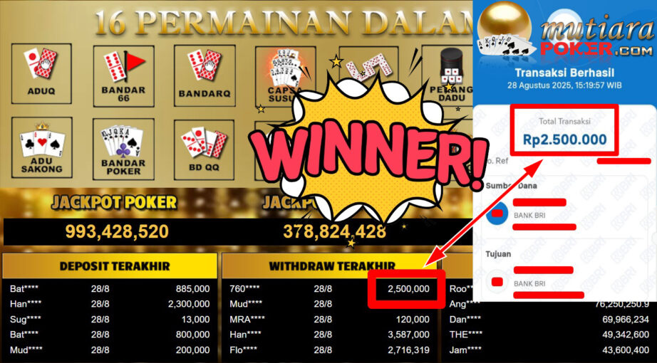 Bukti Withdraw ( 2.500.000,- ) Member Setia MutiaraPoker