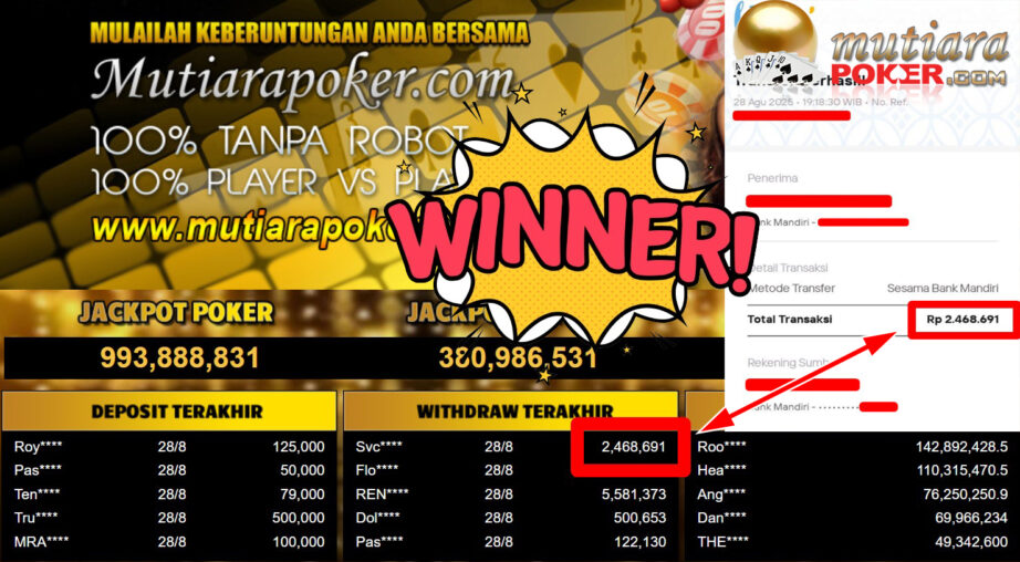 Bukti Withdraw ( 2.468.691,- ) Member Setia MutiaraPoker