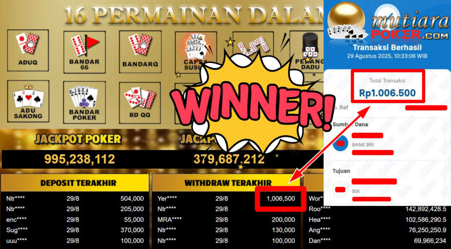Bukti Withdraw ( 1.006.500,- ) Member Setia MutiaraPoker