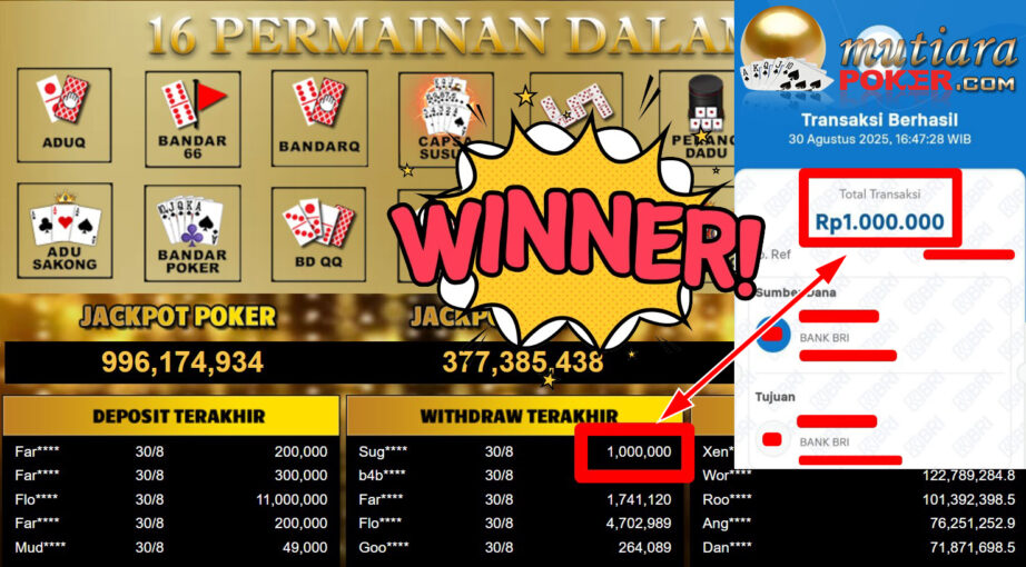 Bukti Withdraw ( 1.000.000,- ) Member Setia MutiaraPoker