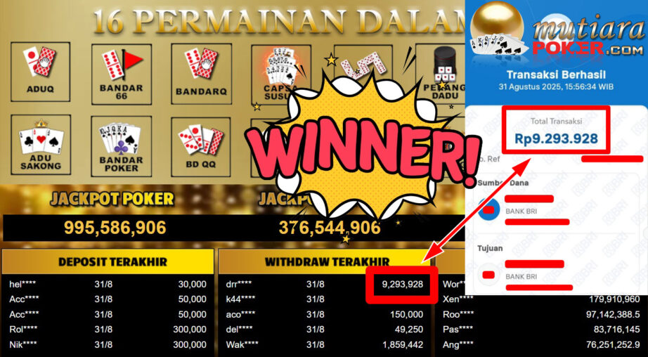 Bukti Withdraw ( 9.293.928,- ) Member Setia MutiaraPoker