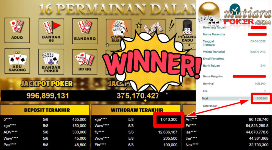 Bukti Withdraw ( 1.013.300,- ) Member Setia MutiaraPoker