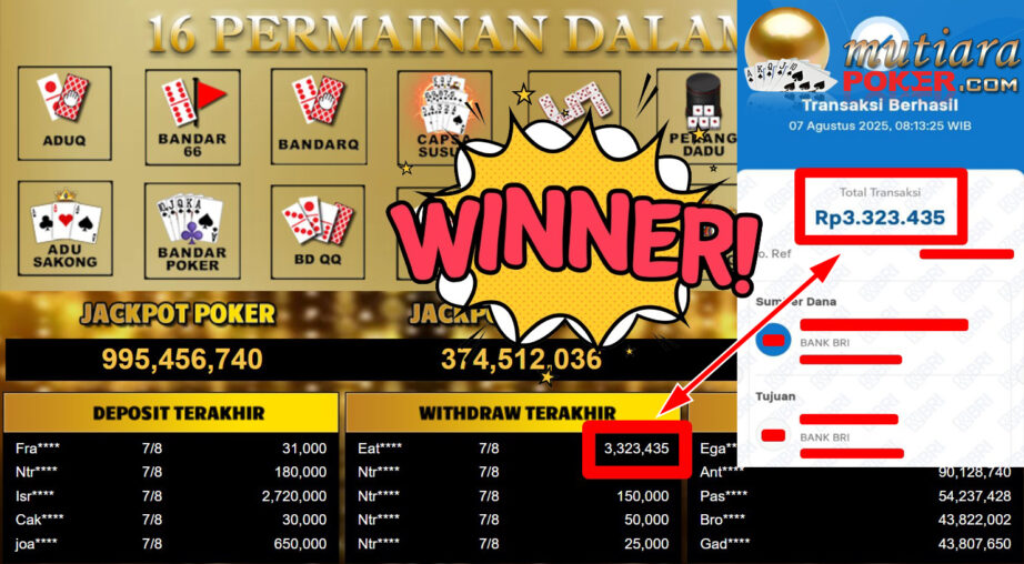 Bukti Withdraw ( 3.323.435,- ) Member Setia MutiaraPoker