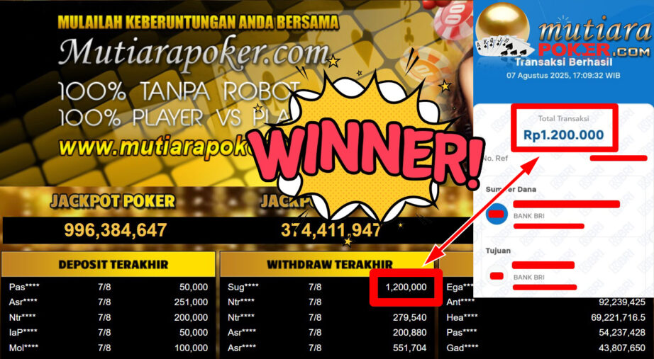 Bukti Withdraw ( 1.200.000,- ) Member Setia MutiaraPoker