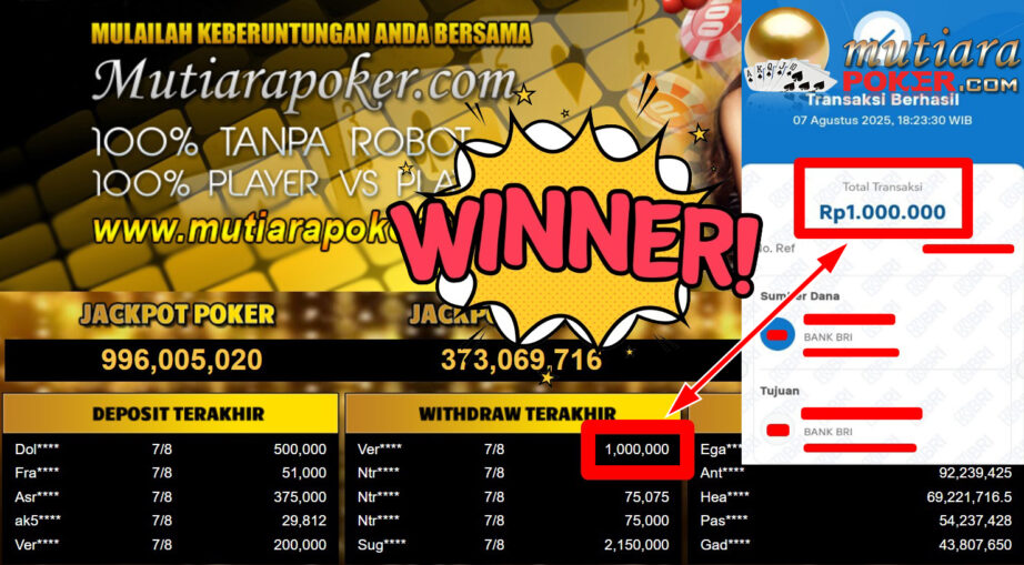 Bukti Withdraw ( 1.000.000,- ) Member Setia MutiaraPoker
