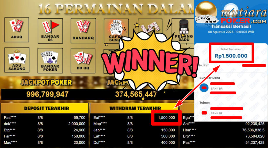 Bukti Withdraw ( 1.500.000,- ) Member Setia MutiaraPoker
