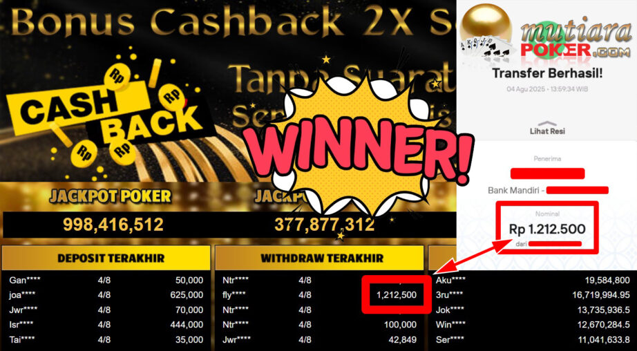 Bukti Withdraw ( 1.212.500,- ) Member Setia MutiaraPoker