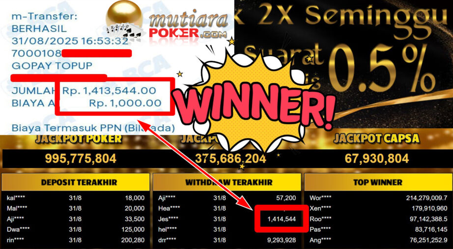 Bukti Withdraw ( 1.414.544,- ) Member Setia MutiaraPoker