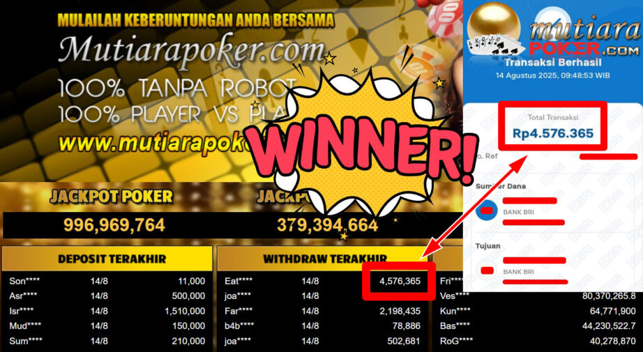 Bukti Withdraw ( 4.576.365,- ) Member Setia MutiaraPoker