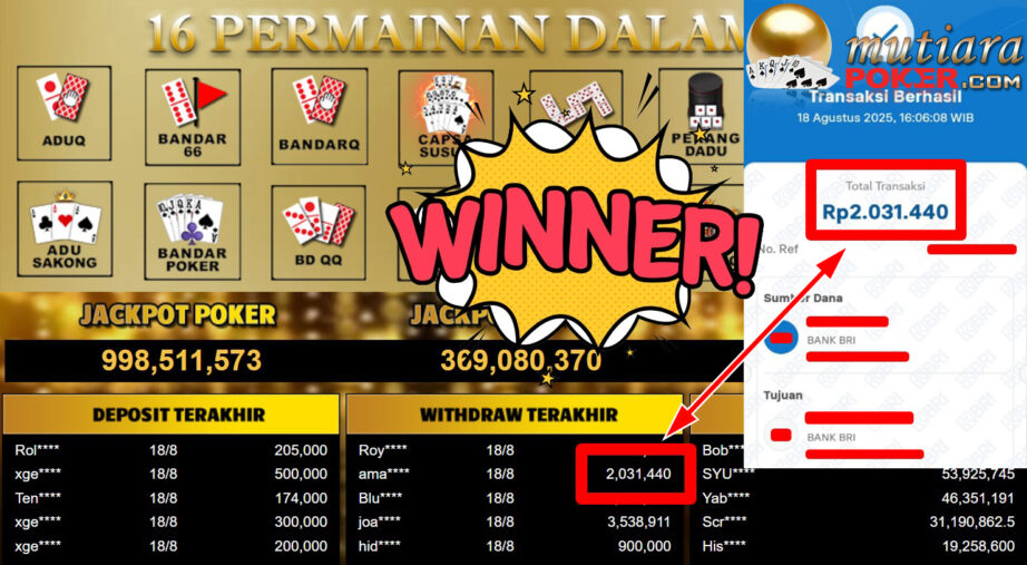 Bukti Withdraw ( 2.031.440,- ) Member Setia MutiaraPoker